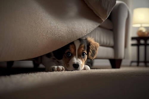 dog hiding away behind a blanket