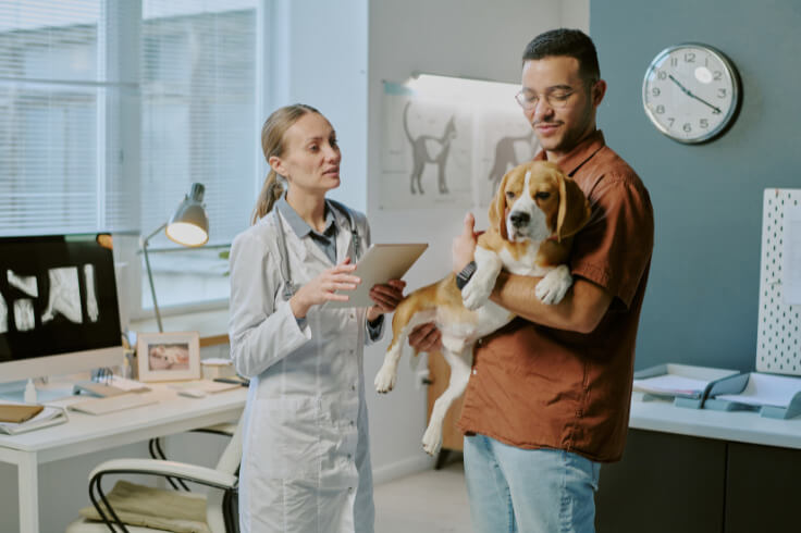 Vet and a pet owner discussing their patient in his arms